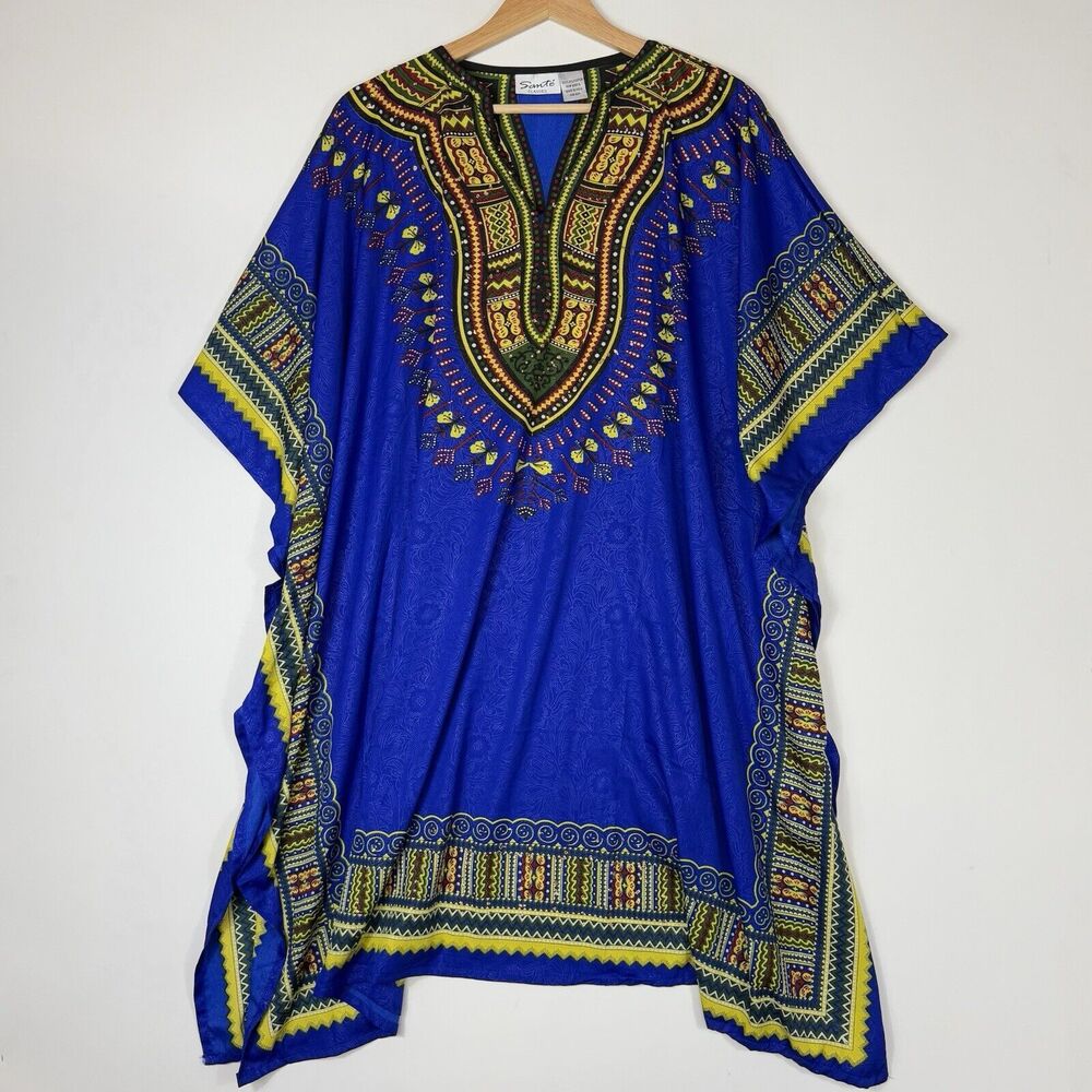 Sante Classics‎ Top Women One Size Blue Glitter Ethnic Pattern Beach Cover Shirt
